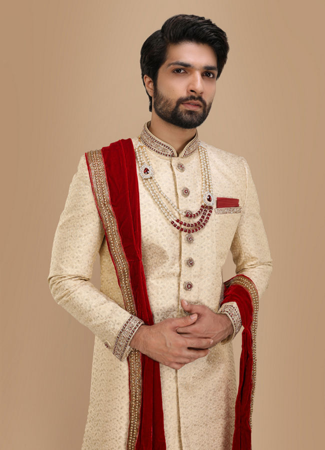 Buy Beige Sherwani Suit With Bold Zardozi Work Online in Australia